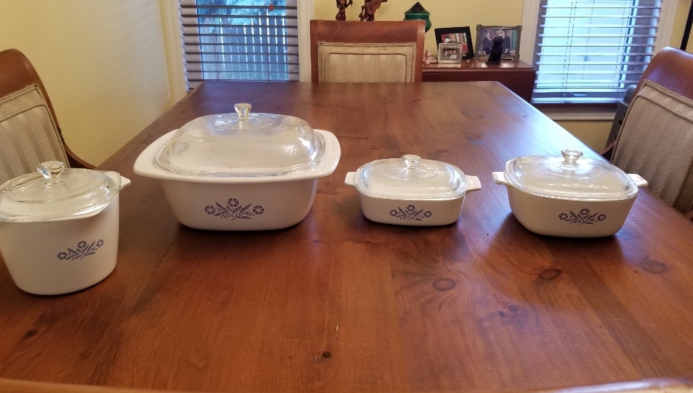 Four Piece Blueflower Corningware Cookware. All with Lids.